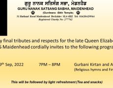 Invitation for Prayers and Tribute in respect of the Queen from Sikh faith on  at GNSSS, Maidenhead Gurdwara on Sep 19, 2022 from 7pm to 8pm